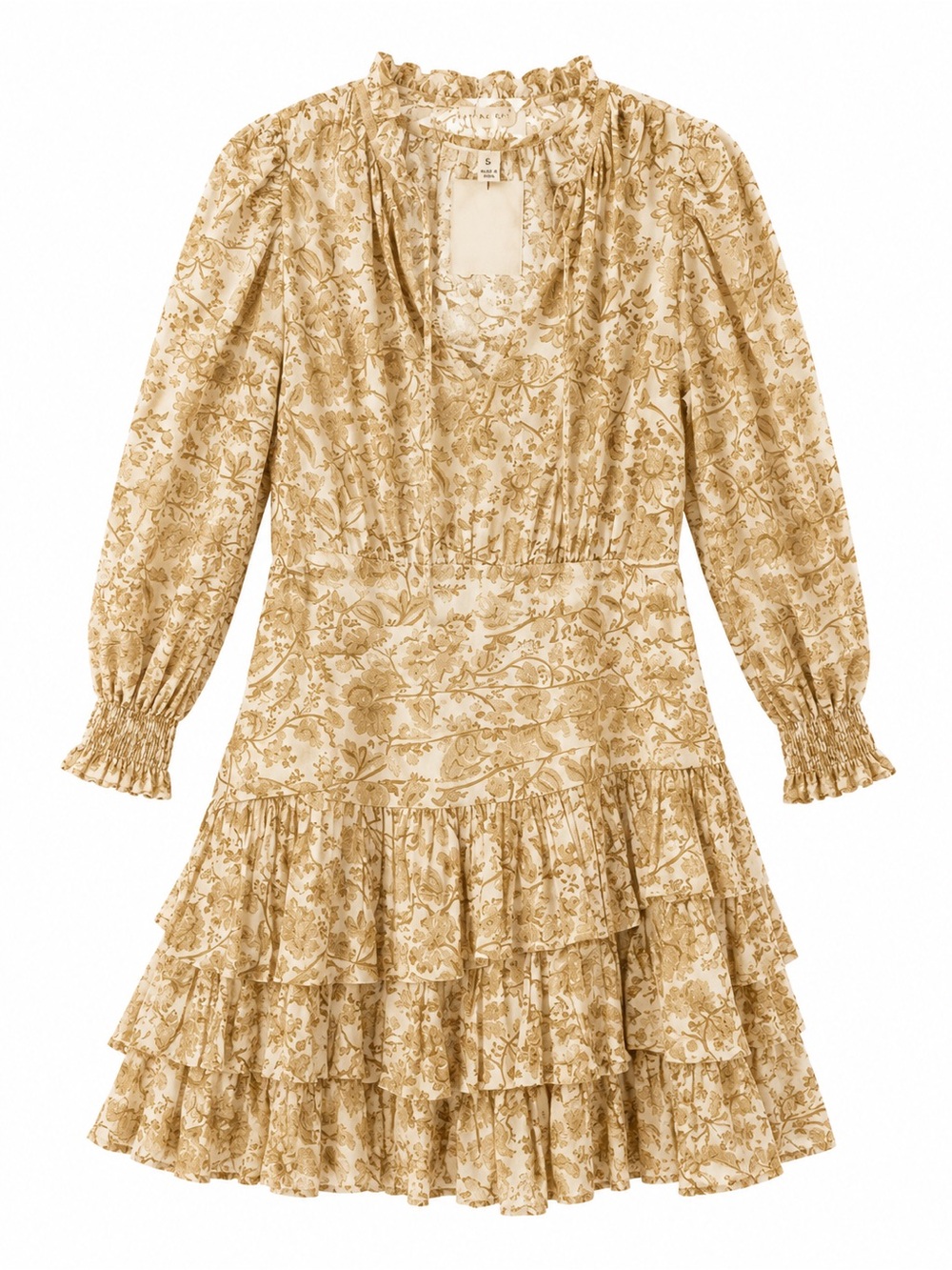 Neutral Floral Tiered Long-Sleeve Ruffle Dress